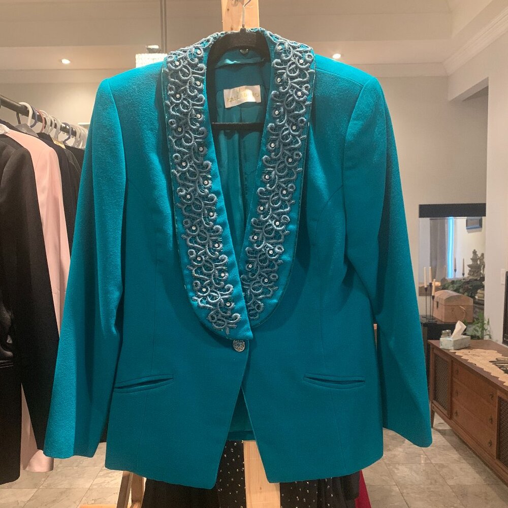 Lisa Palladino Size 12 Turquoise Jacket with Removable Collar